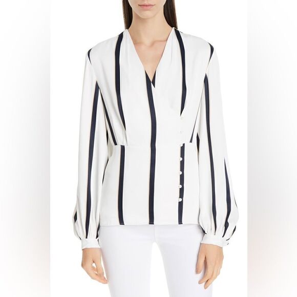 EUC Equipment White silk blouse, side button detailing and billowy sleeves Sz. S - Picture 1 of 8